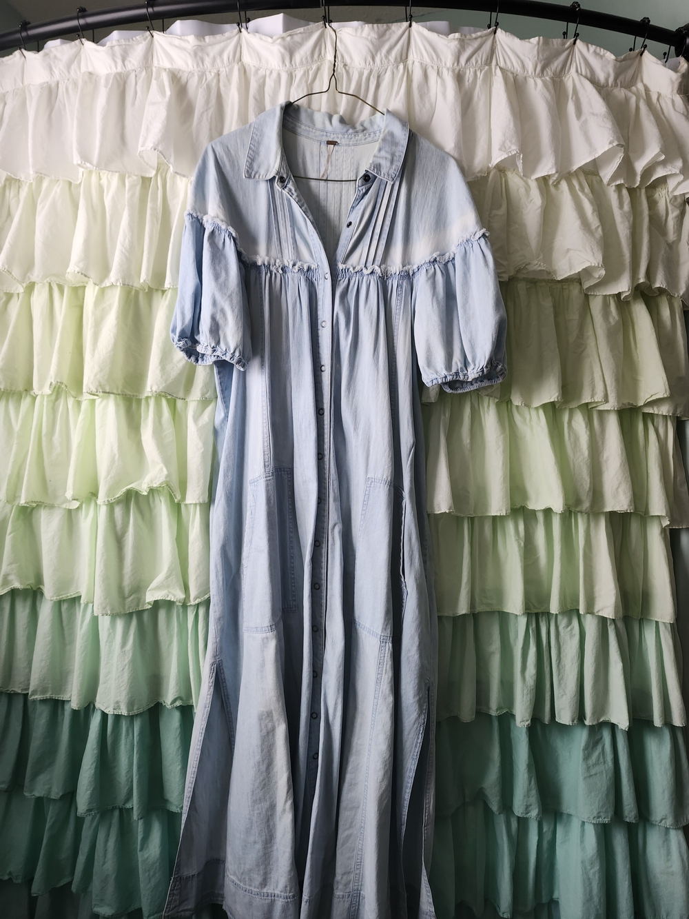 Free People Light Blue Button-Down Maxi Dress with Puff Sleeves